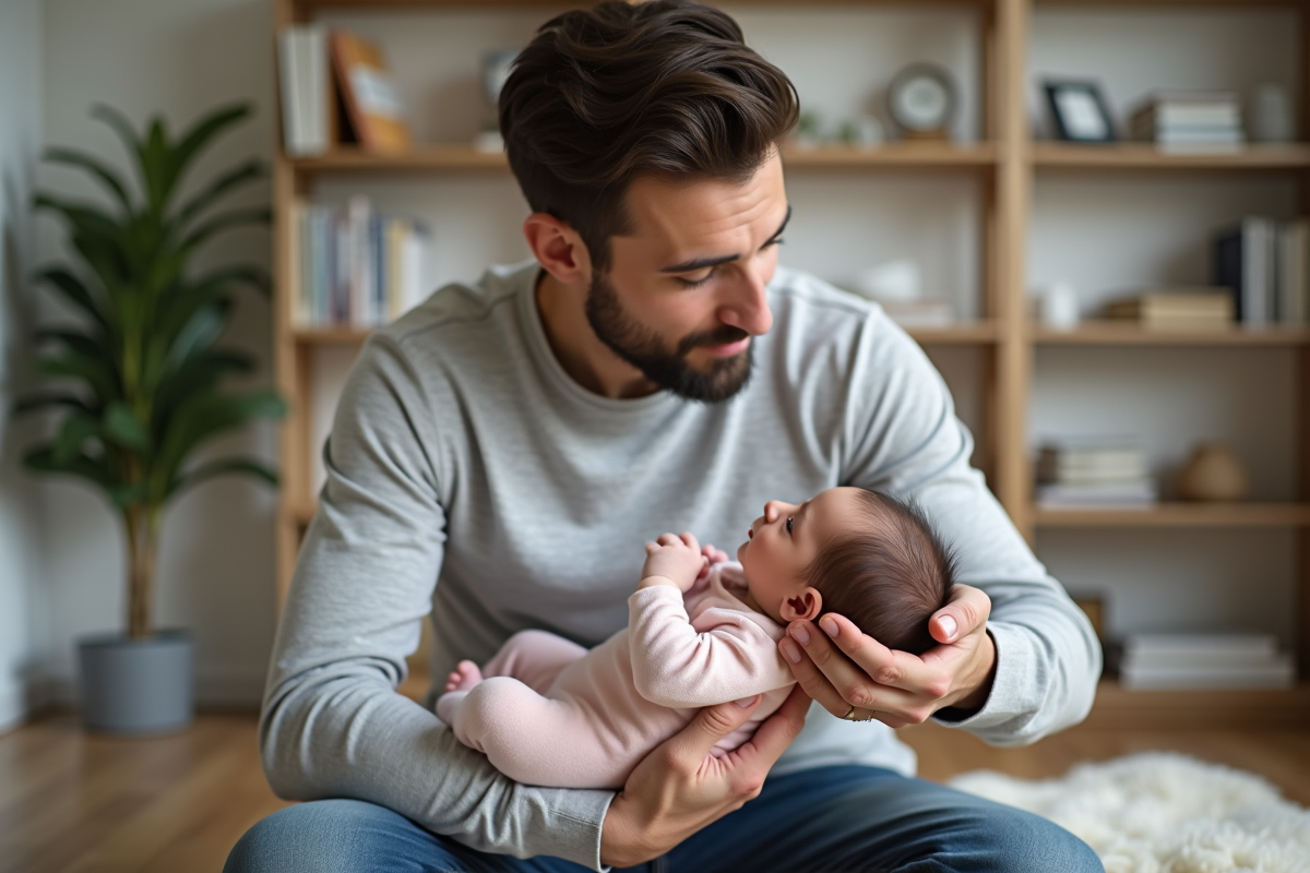 Père tenant sa fille dans un salon familial chaleureux
