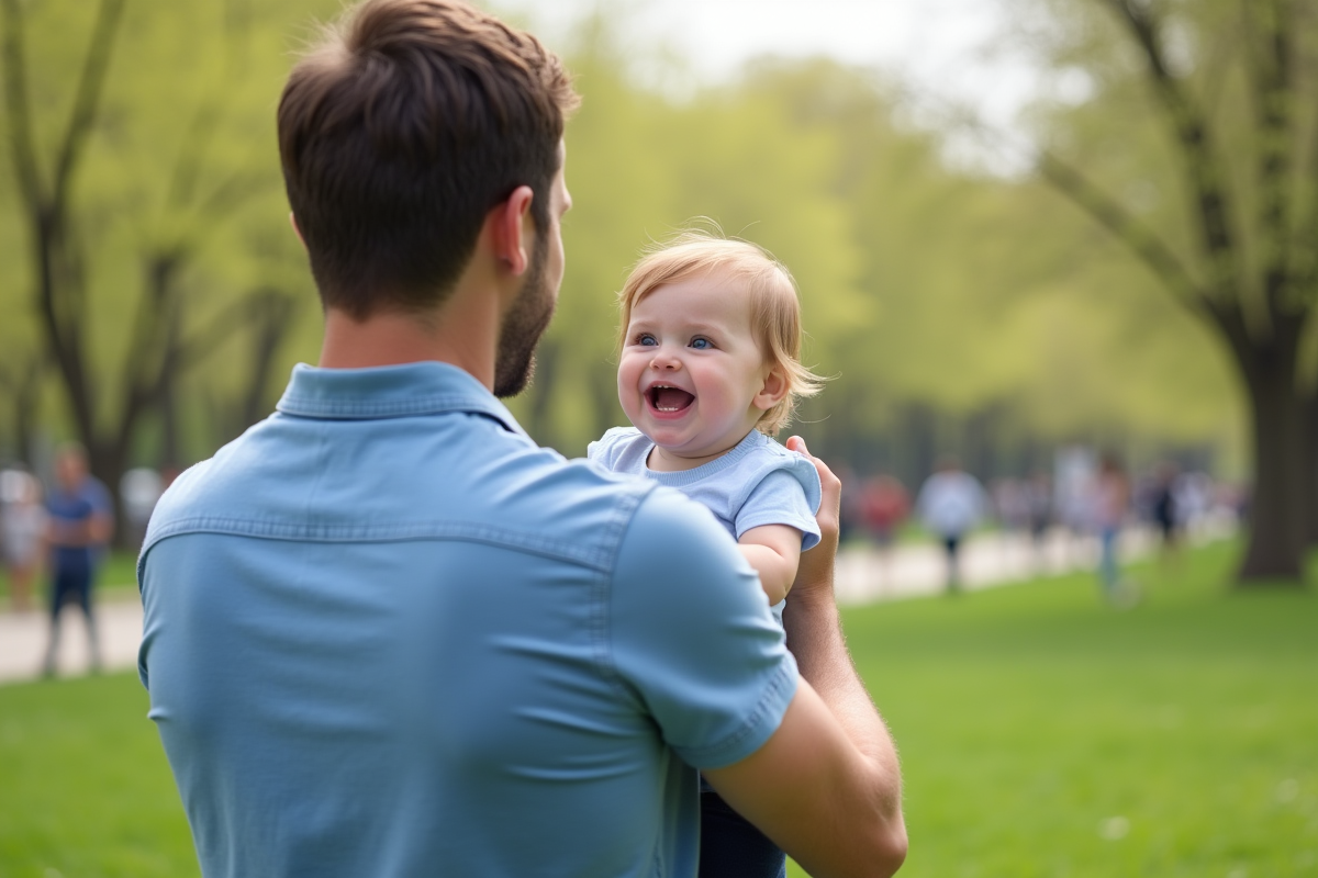 Père tenant sa fille dans un parc en plein air au printemps