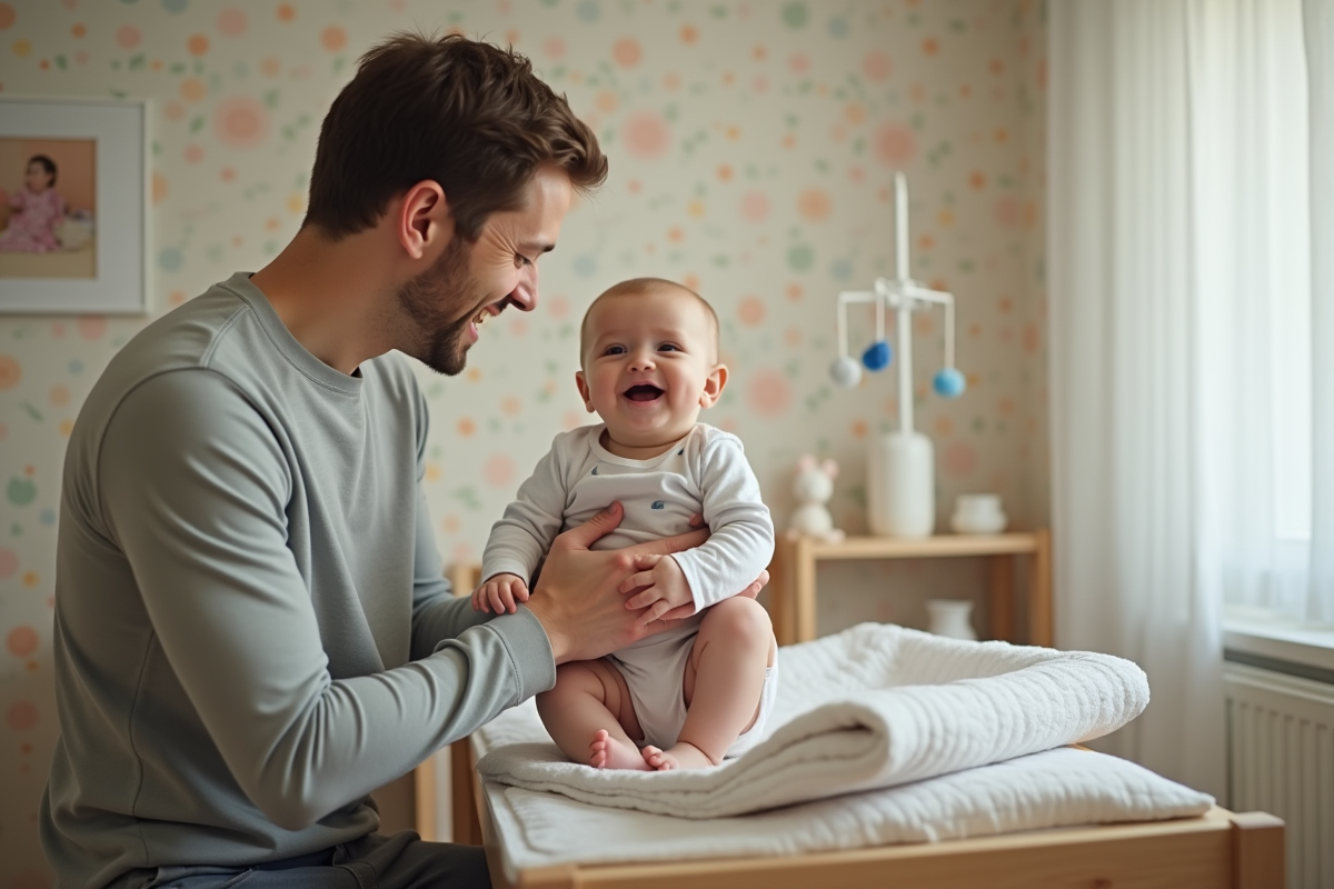 Papa habille son bebe dans une nurserie chaleureuse et colorée