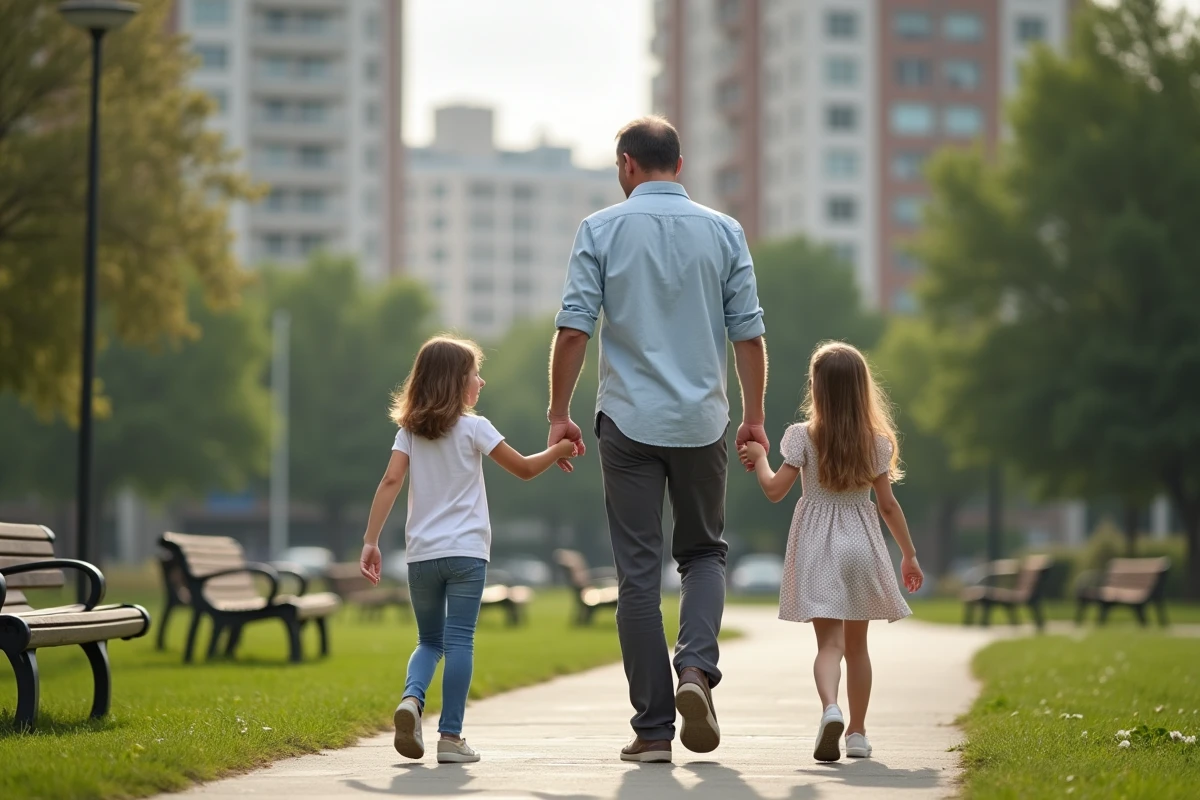 Père et ses filles marchant dans un parc urbain