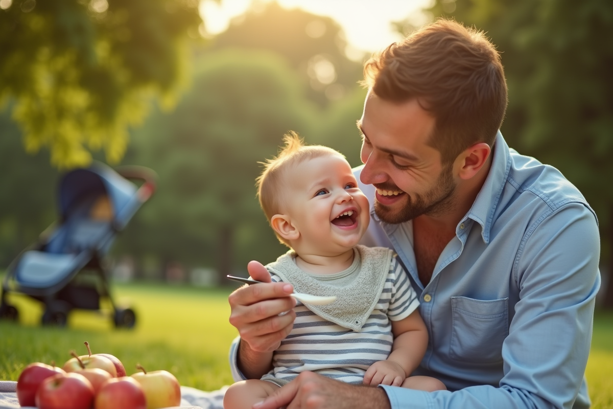 Père donnant de la purée de pomme à son bébé dans un parc