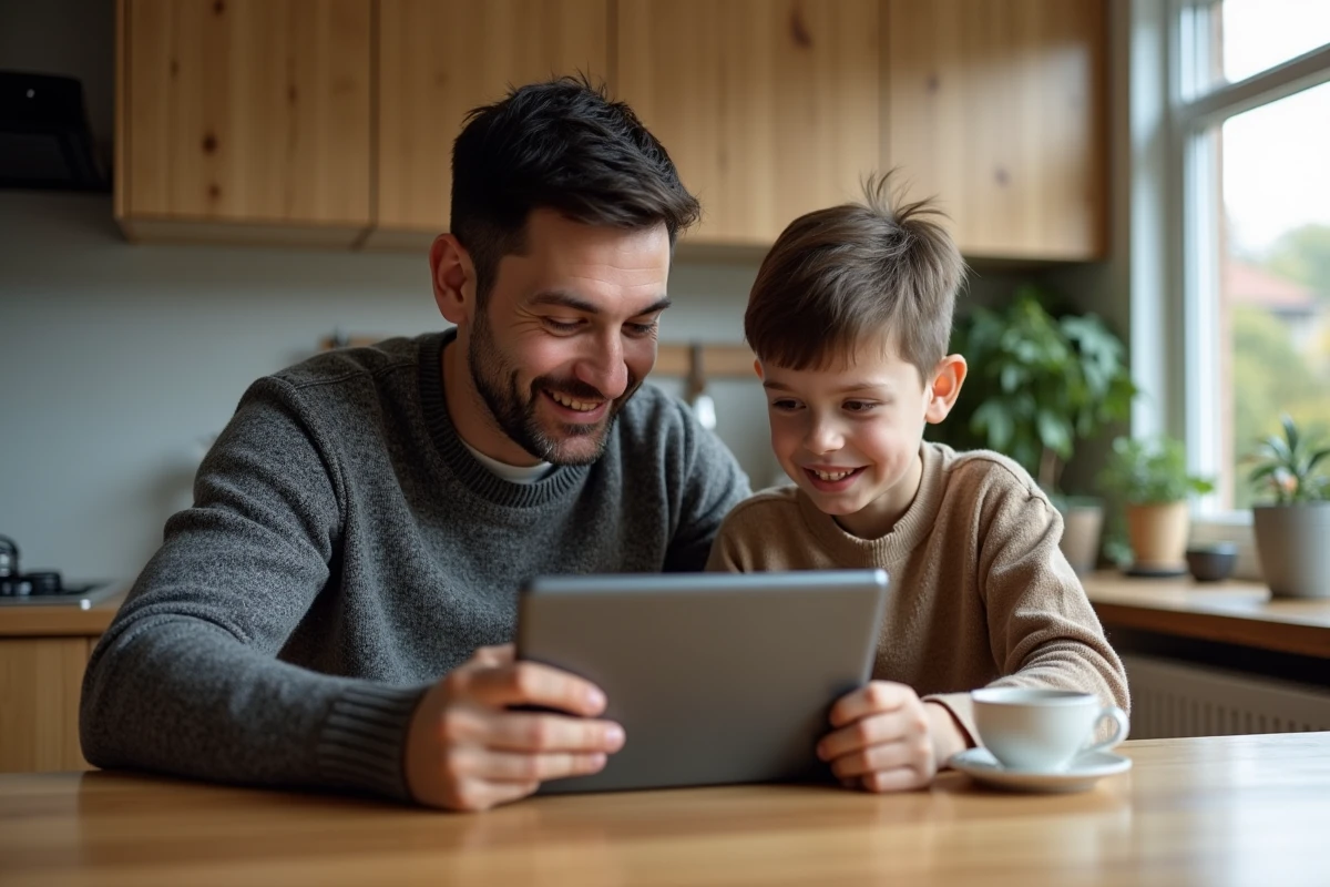 Père et fils regardant une tablette dans la cuisine