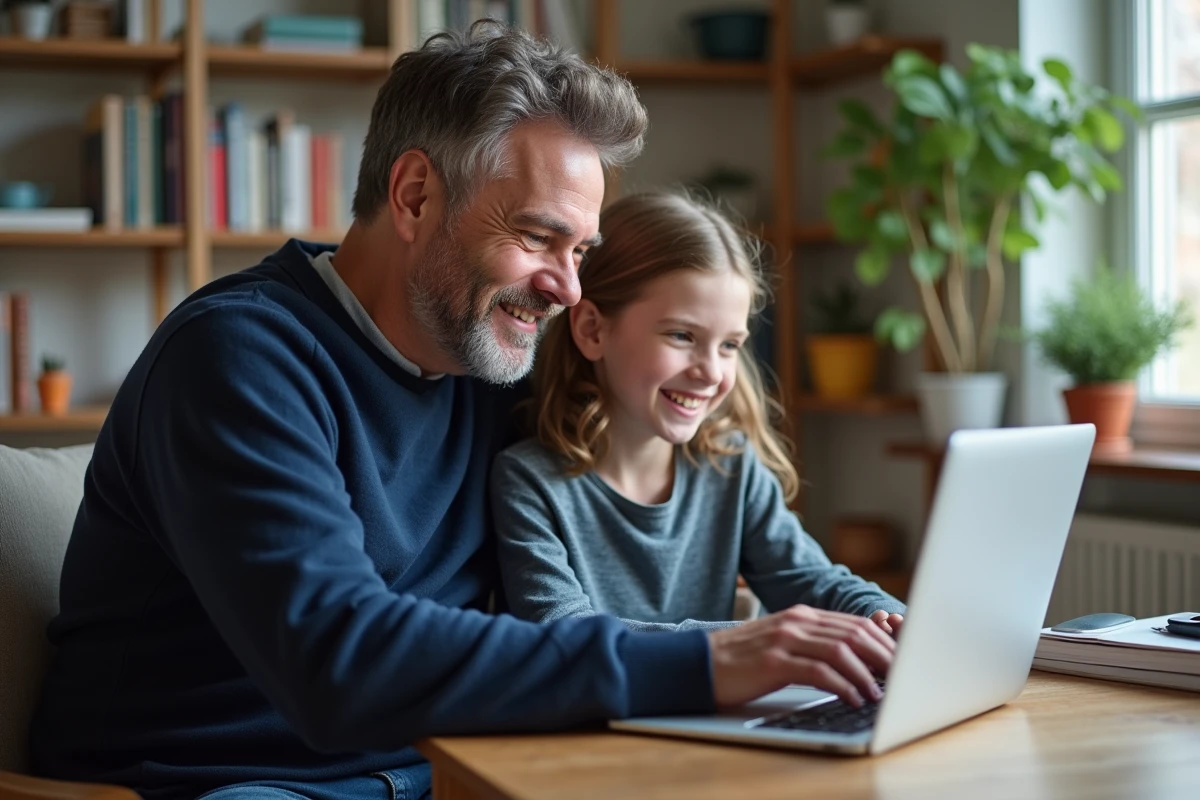 Père et fille explorant un site familial sur un ordinateur