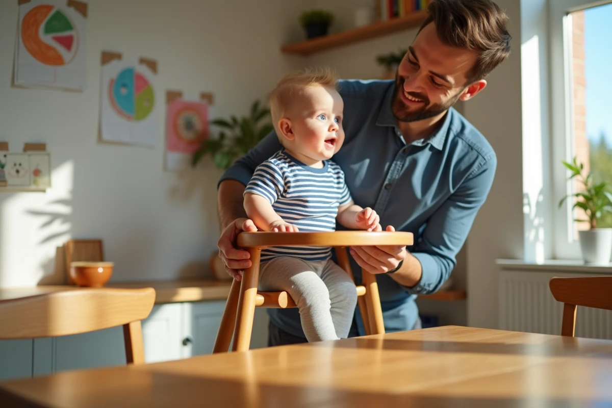 Papa soulevant doucement son bebe dans une chaise en bois