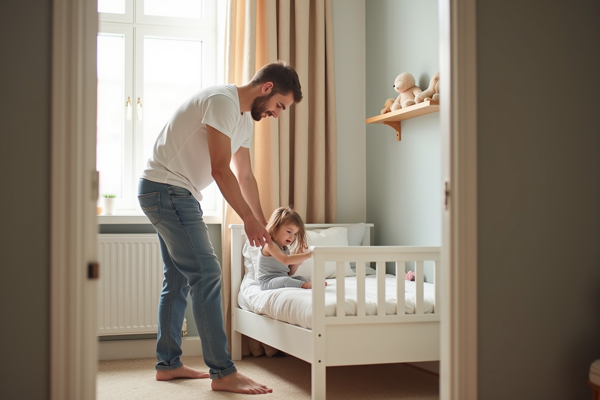 Père aidant sa fille à se coucher dans un lit blanc dans une chambre lumineuse