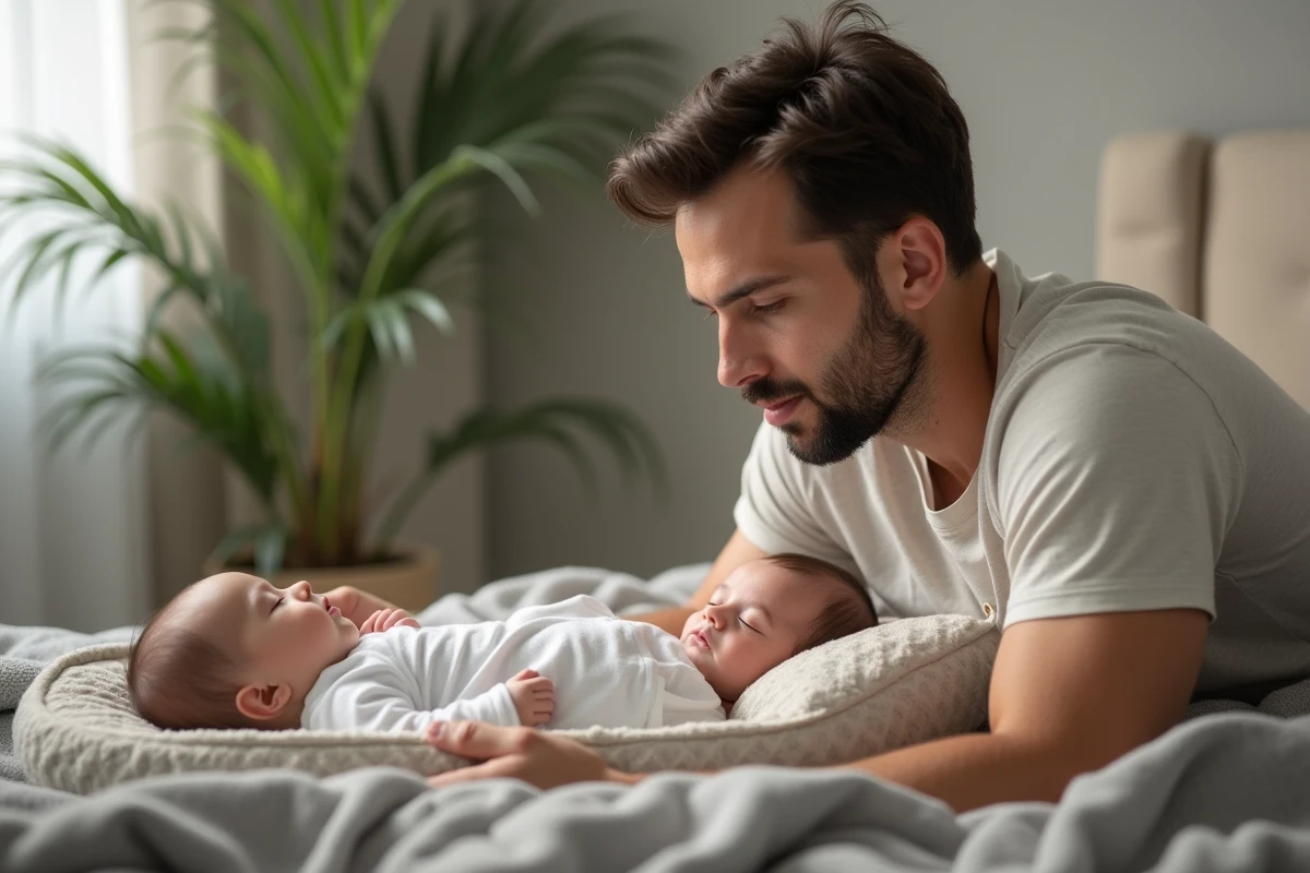 Pere veillant sur son bebe dans un berceau à côté du lit