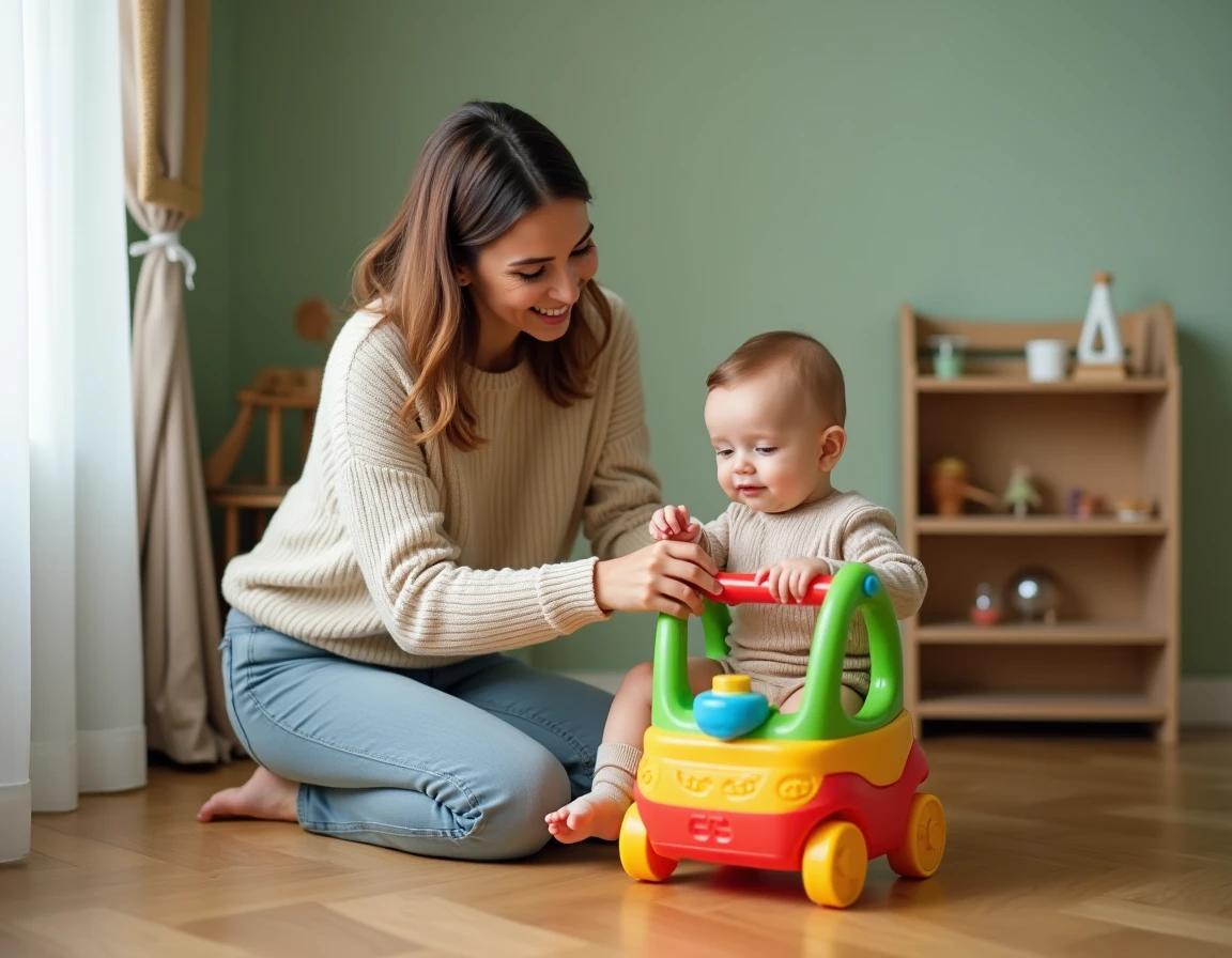 Parent et bébé de 8 mois jouant ensemble avec un chariot d'activités coloré dans une chambre de bébé verte