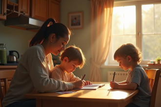 Parent aidant un enfant à faire ses devoirs à la maison