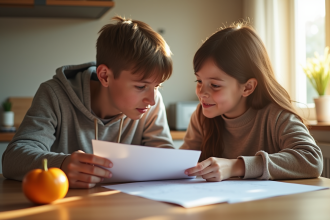 Parent et enfant lisant un bulletin scolaire à la maison