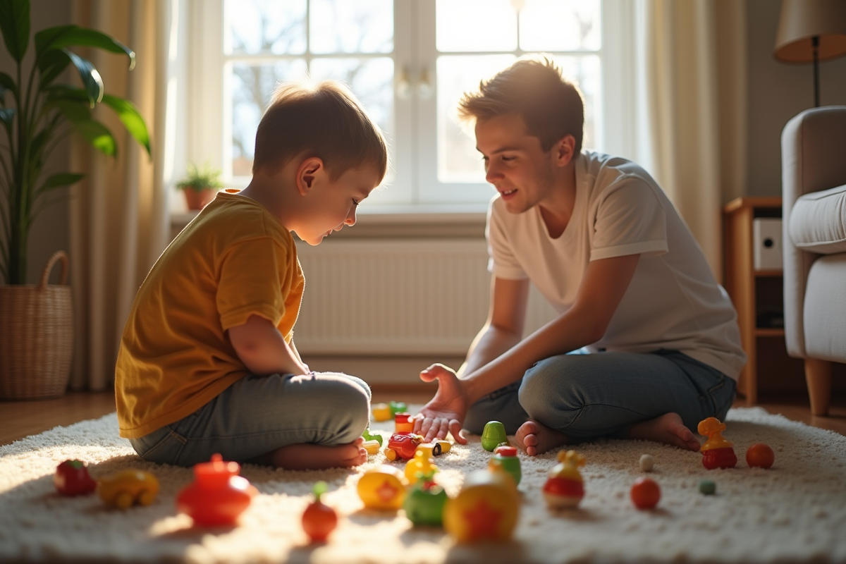 Parent réconfortant enfant en crise dans le salon