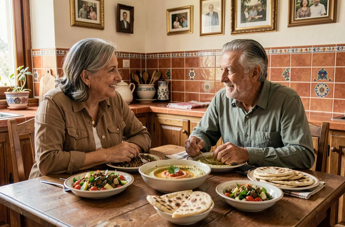 Couple de parents d'origine libanaise attablés autour d'un repas traditionnel, évoquant les racines familiales et culturelles