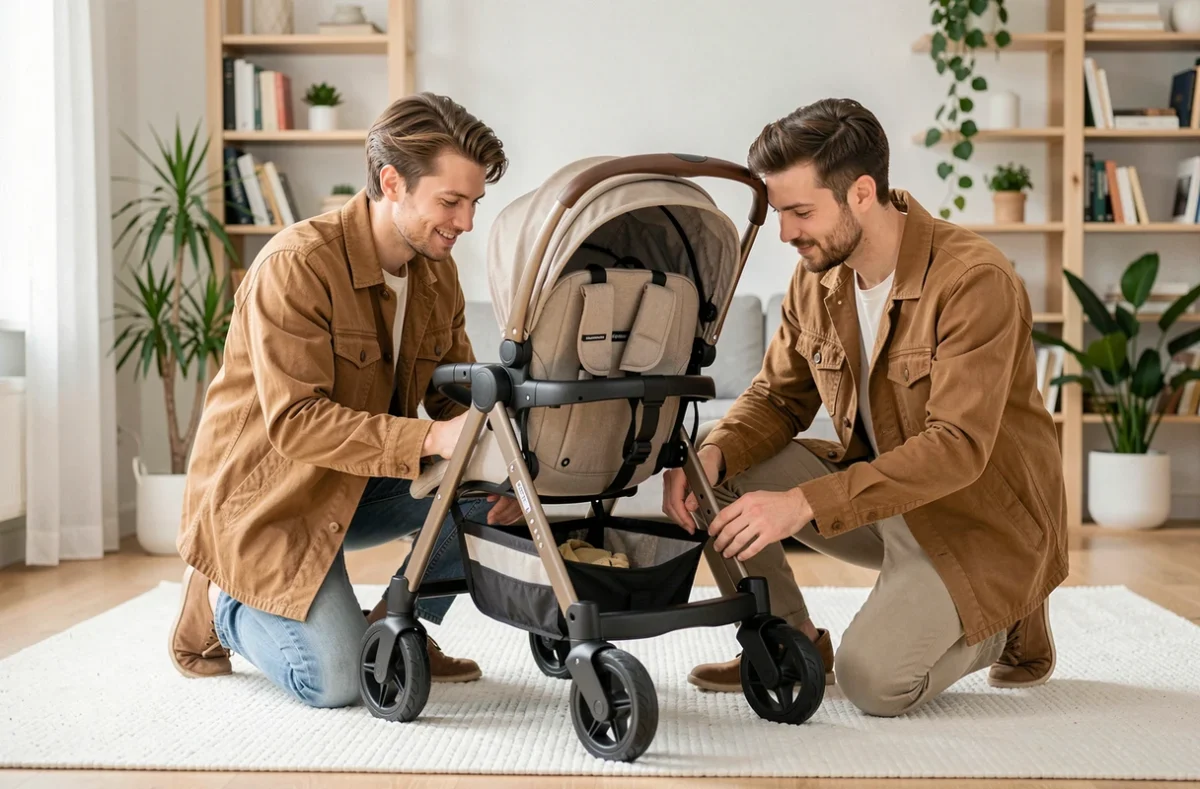 Couple de jeunes parents examinant les fonctionnalités d'une poussette trois en un dans un salon minimaliste moderne