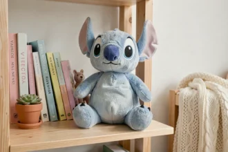 Peluche Stitch respirante posée sur une étagère en bois dans une chambre d'enfant style scandinave, ambiance douce et apaisante