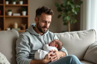 Père en congé parental tenant son nouveau-né dans ses bras sur un canapé en lin, illustrant la réforme du congé parental 2026
