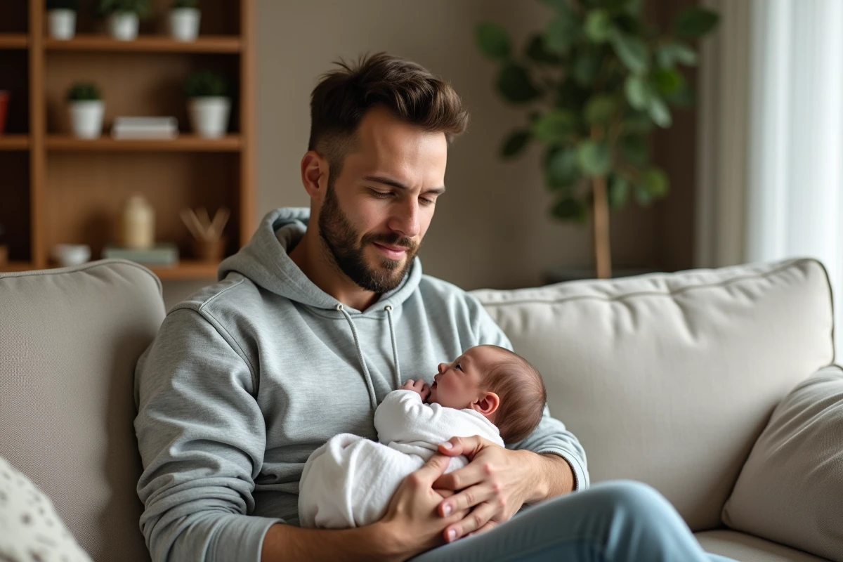 Père en congé parental tenant son nouveau-né dans ses bras sur un canapé en lin, illustrant la réforme du congé parental 2026