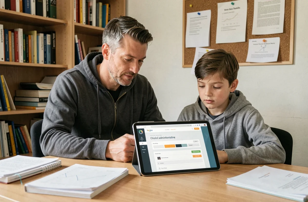 Père et enfant consultant ensemble le portail famille numérique dans un bureau à domicile