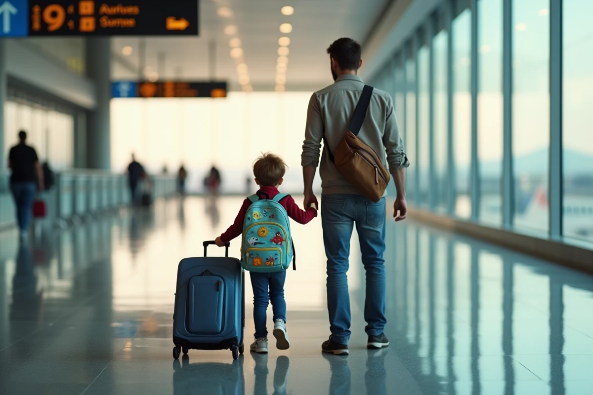 Père et enfant en bas âge partant en voyage avec valises dans un aéroport pendant la période scolaire