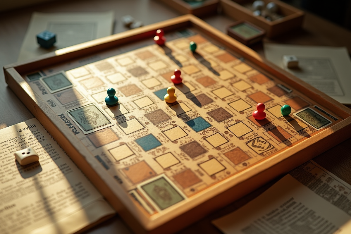 Vue rapprochee du plateau de jeu de la oie avec pions et dés