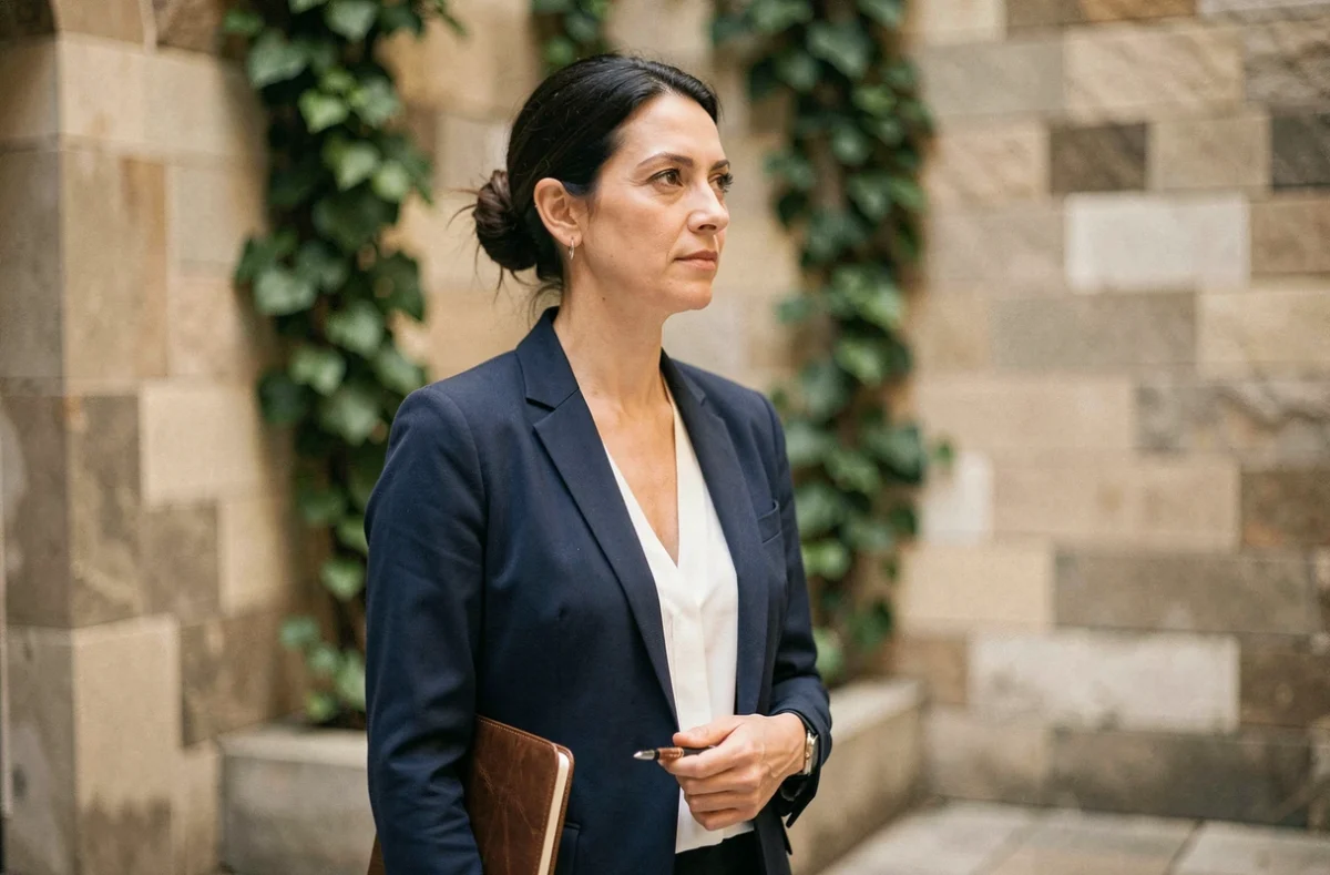 Portrait d'une femme élégante tenant un carnet, évoquant la personnalité publique d'Amandine Atalaya