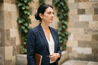 Portrait d'une femme élégante tenant un carnet, évoquant la personnalité publique d'Amandine Atalaya