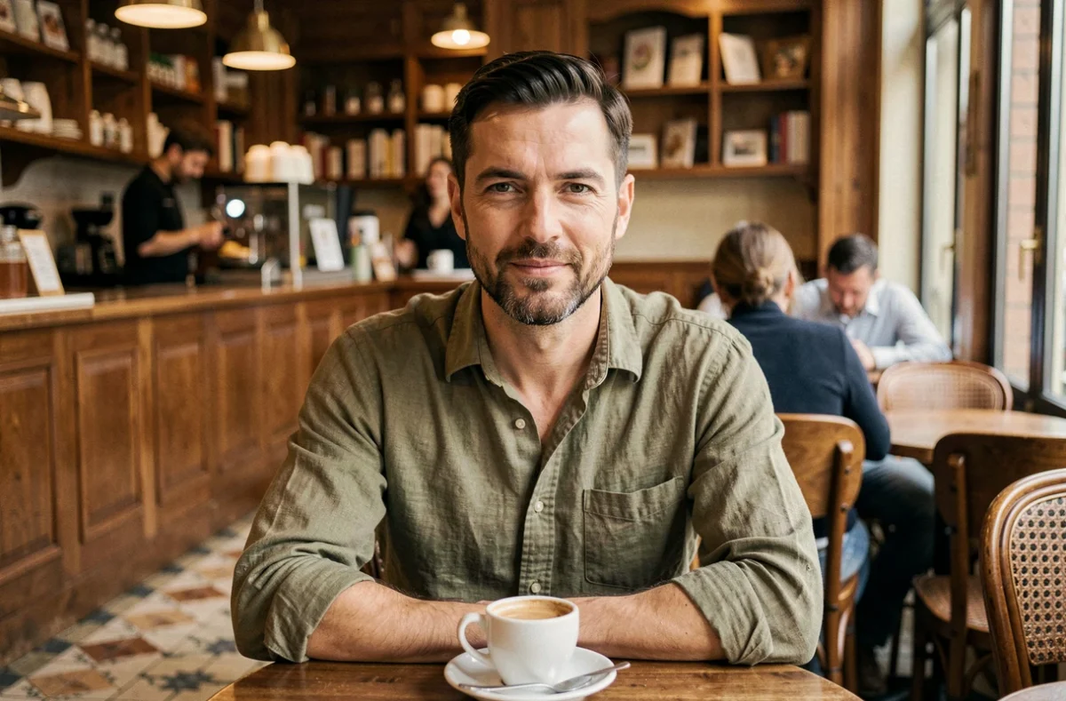 Portrait d'un homme discret dans un café parisien, représentant l'identité mystérieuse du mari d'Amandine Atalaya