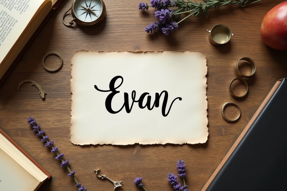 Carte calligraphiée du prénom Evan entourée d'objets symboliques sur un bureau en bois rustique