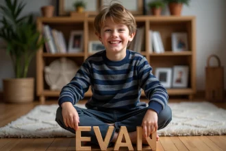Jeune garçon souriant tenant un prénom en bois EVAN, ambiance chaleureuse et familiale