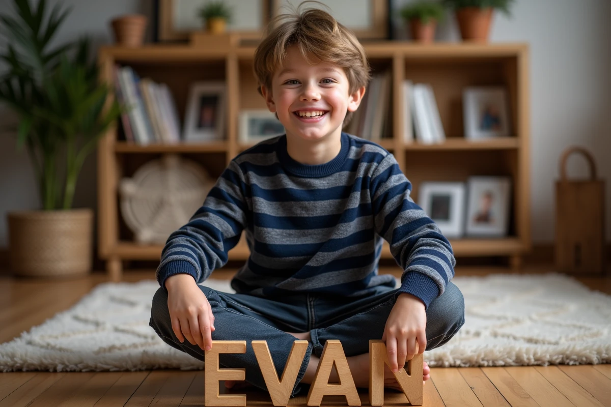 Jeune garçon souriant tenant un prénom en bois EVAN, ambiance chaleureuse et familiale