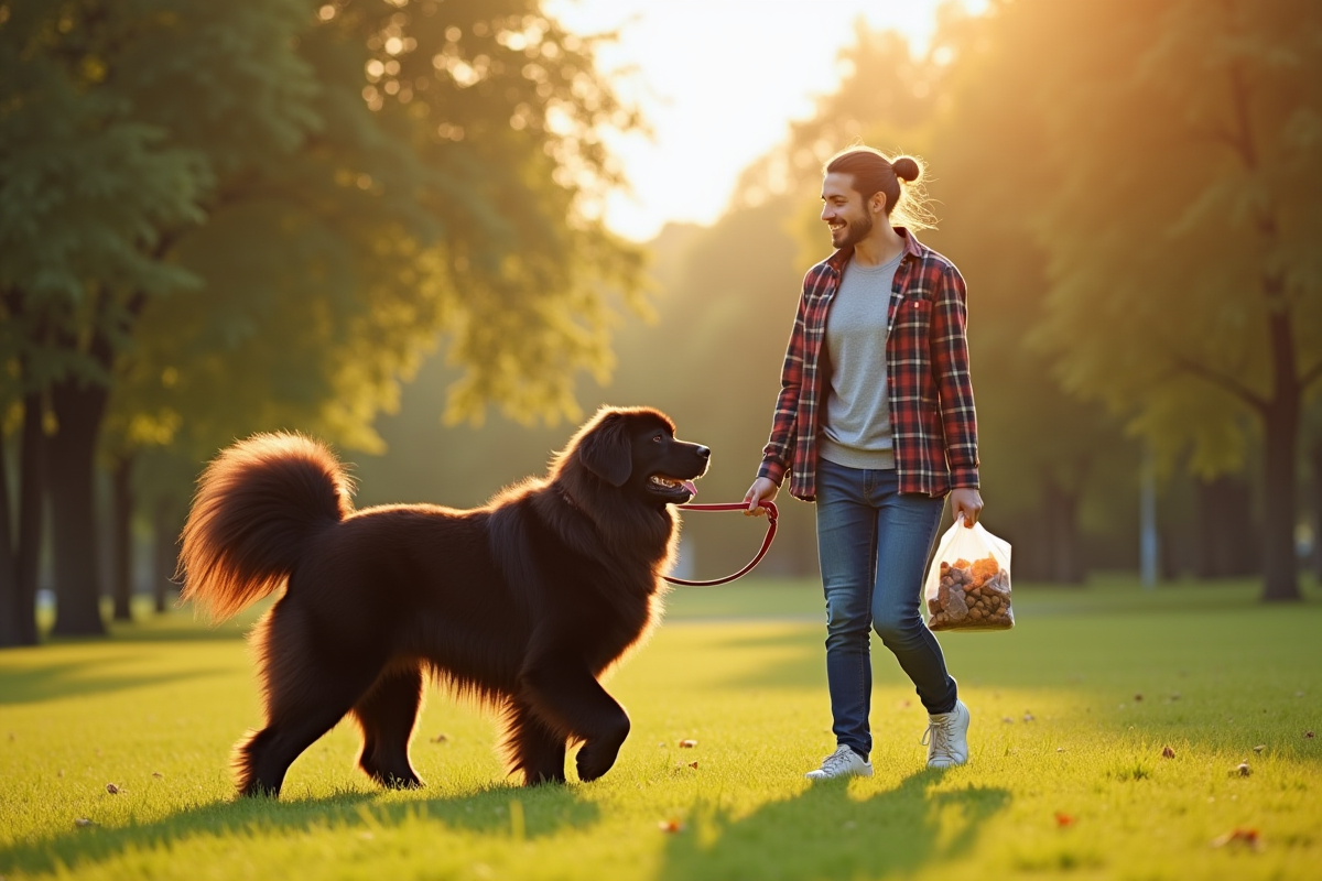 Propriétaire promenant un Newfoundland dans un parc ensoleille