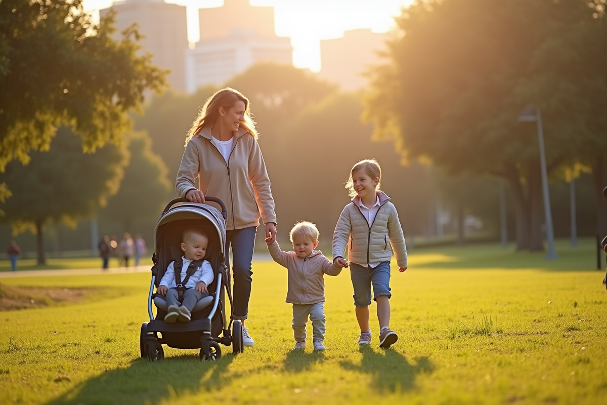 Femme avec enfants en promenade dans un parc ensoleille