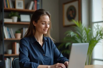 Femme cherchant des informations sur son ordinateur portable dans un appartement parisien moderne