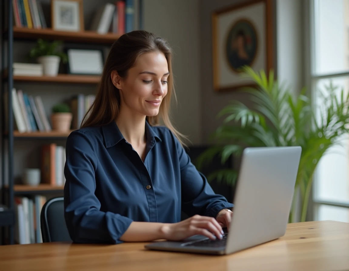 Femme cherchant des informations sur son ordinateur portable dans un appartement parisien moderne