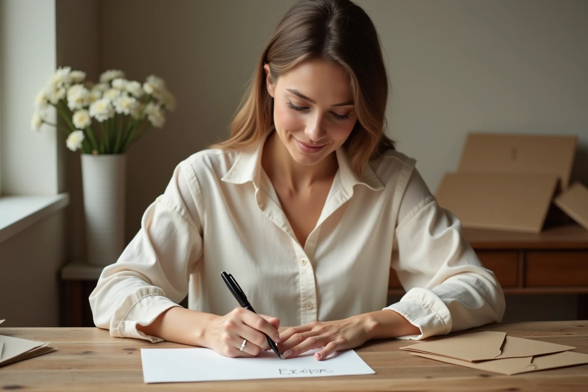 Femme écrivant un message personnalisé sur une carte de baptême à la plume, ambiance chaleureuse et intimiste