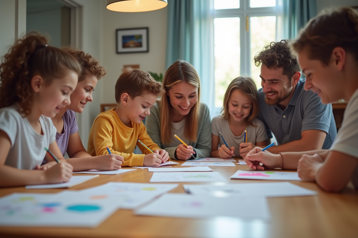 Coach parental avec famille autour d une table moderne