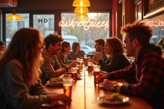 Intérieur d un restaurant parisien avec des adolescents souriants