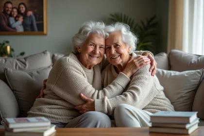 Femme âgée et sa fille se font un câlin chaleureux dans le salon