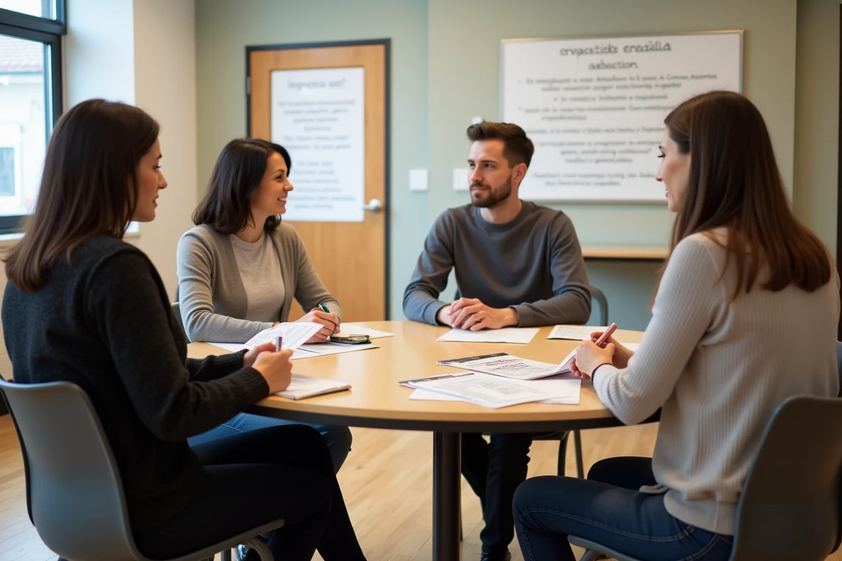 Groupe de parents adoptifs potentiels participant à une réunion d'information sur les réglementations d'adoption internationale en Europe
