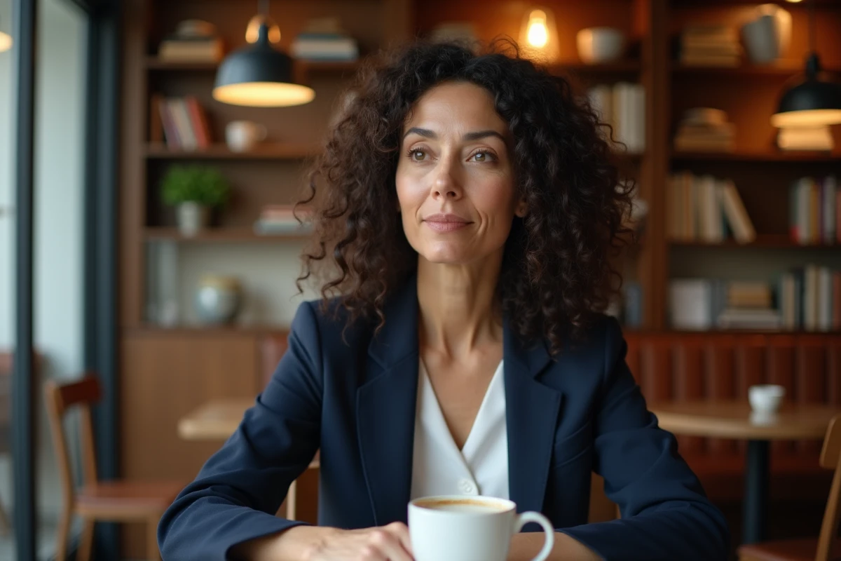 Femme élégante aux cheveux bouclés assise dans un café parisien, évoquant une personnalité publique partageant des aspects de sa vie privée