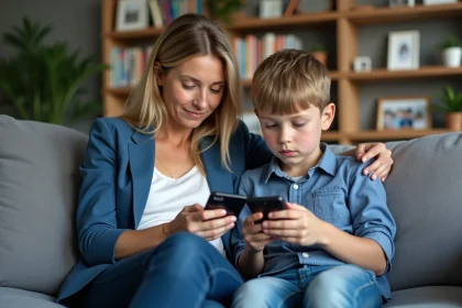 Sara Mortensen avec son fils sur un sofa moderne