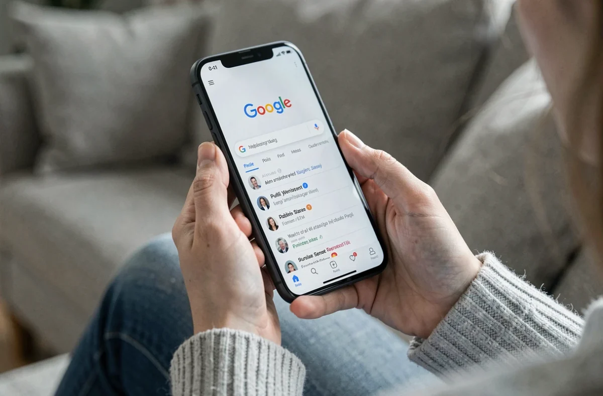 Mains tenant un smartphone avec des suggestions Google illustrant la propagation de rumeurs et de fausses informations
