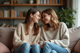 Deux soeurs adolescentes souriantes dans un salon chaleureux