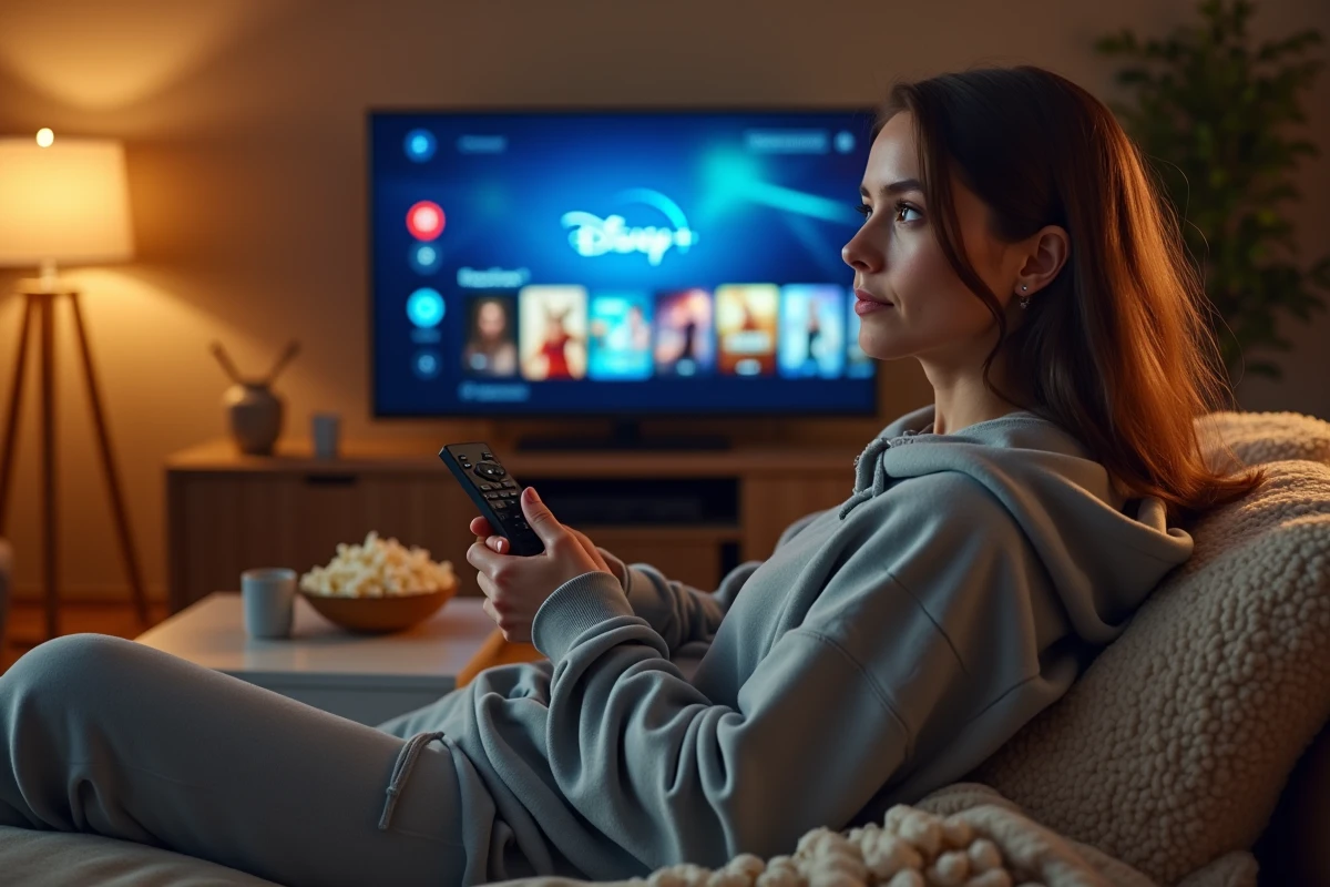 Jeune femme détendue sur un canapé regardant l'interface Disney+ sur sa télévision pendant une soirée film à la maison
