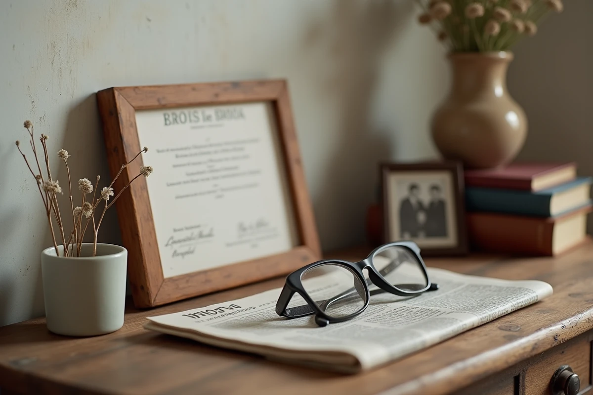 Détail intime d'une table de chevet avec souvenirs personnels, diplôme médical encadré et photo de famille en noir et blanc, évoquant la mémoire d'André Louis Auzière