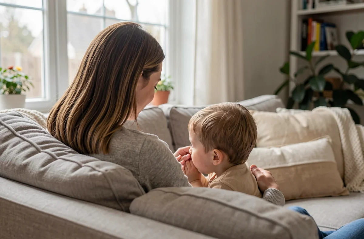 Un parent chante avec son enfant sur un canapé