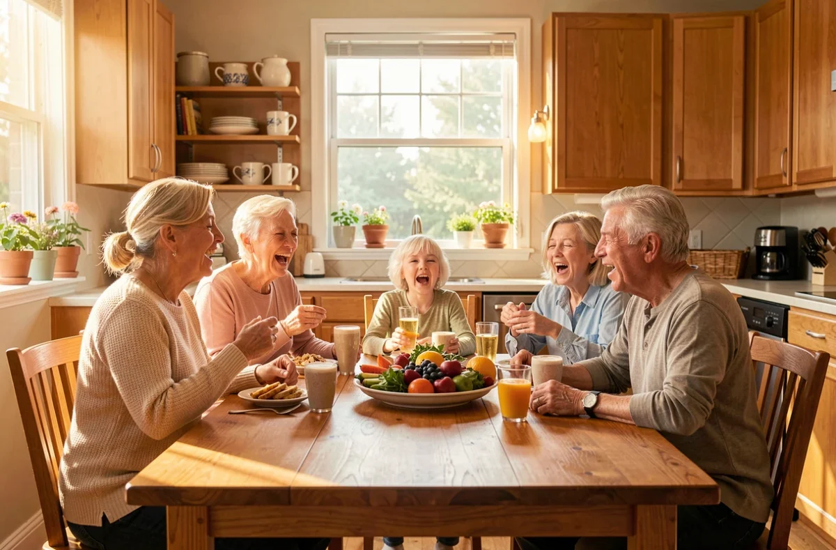 Une famille réunie chante autour d'une table de cuisine