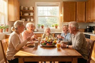 Une famille réunie chante autour d'une table de cuisine
