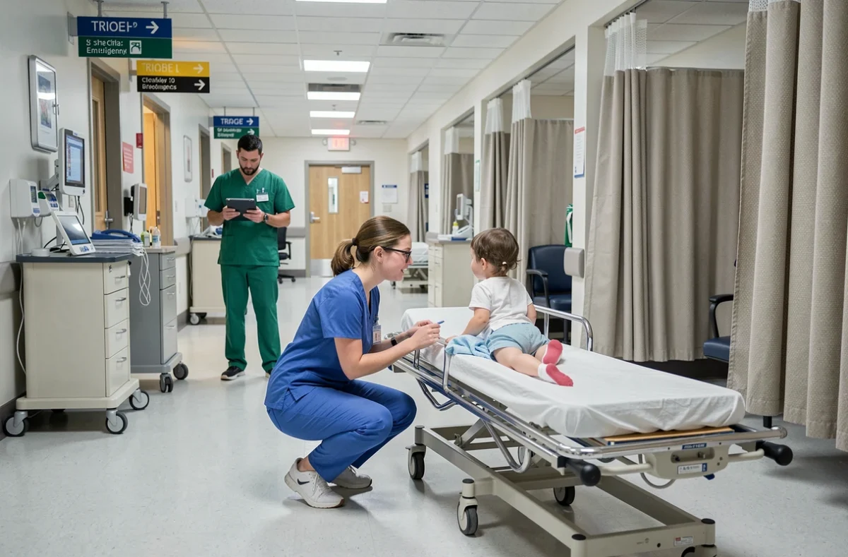 Urgences pédiatriques du GHT UNYON avec une infirmière rassurant un jeune enfant assis sur un brancard dans un couloir hospitalier