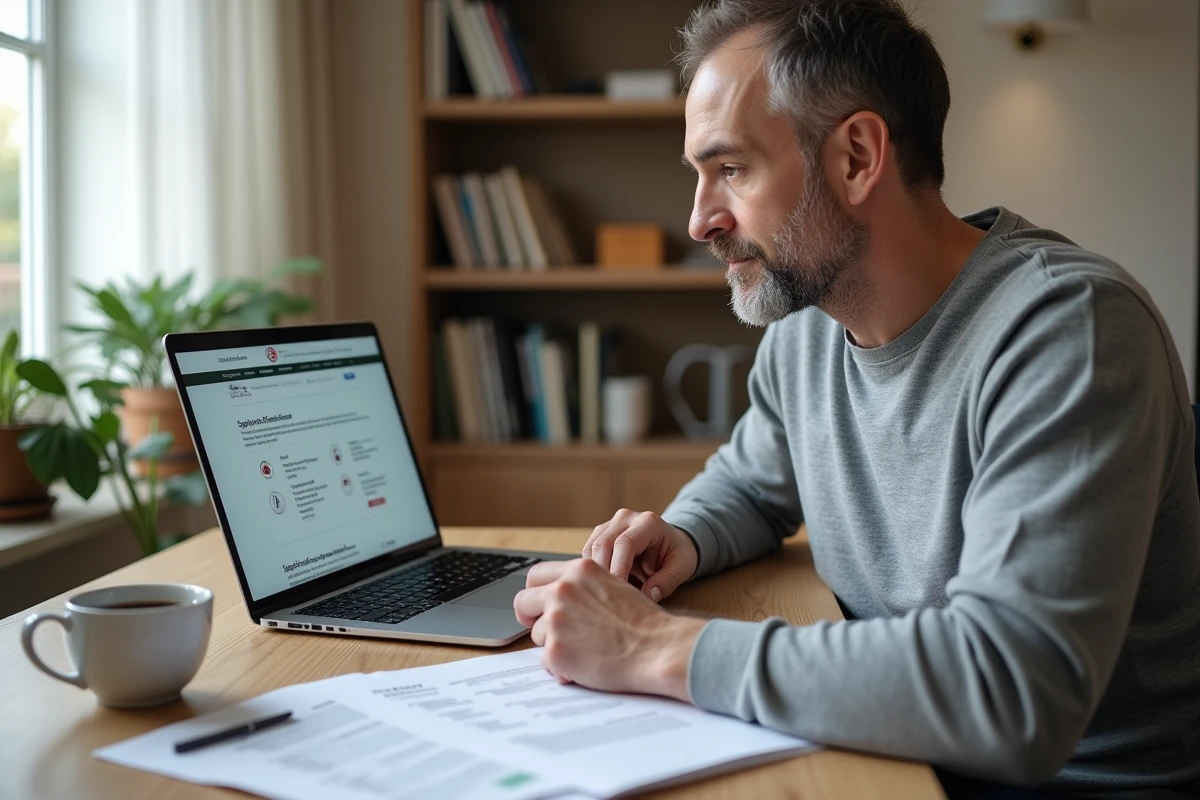 Homme vérifiant les accréditations d'une agence d'adoption européenne sur son ordinateur portable avec des documents imprimés à son bureau