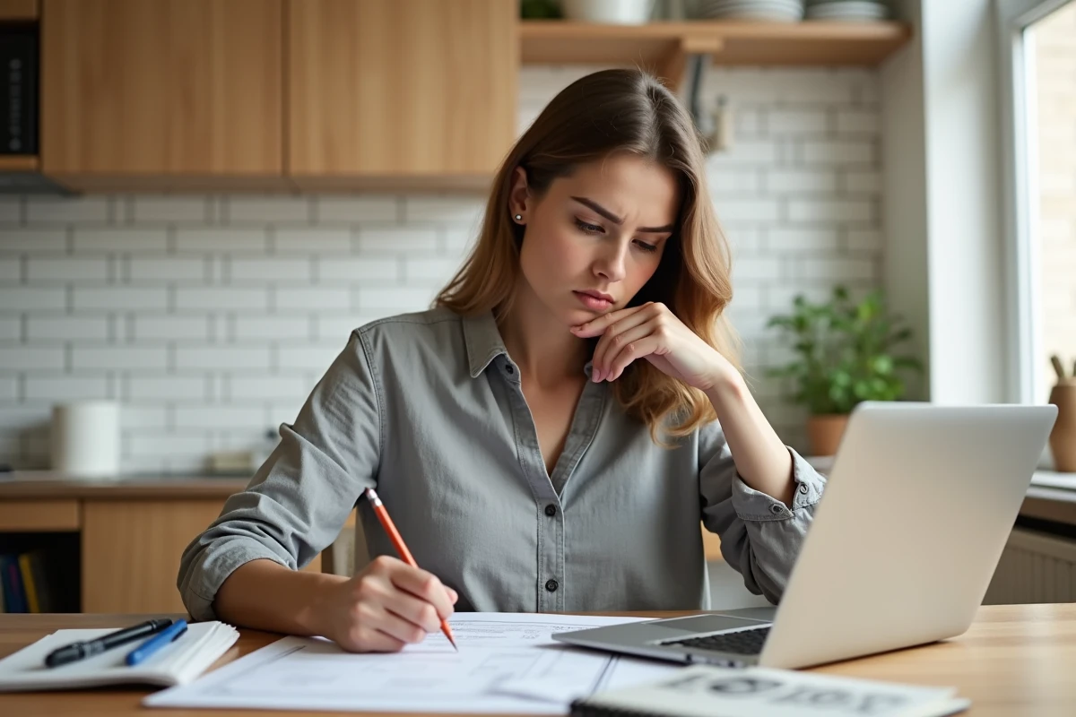 Jeune femme consultant une liste de fournitures scolaires imprimée sur un ordinateur portable à table de cuisine